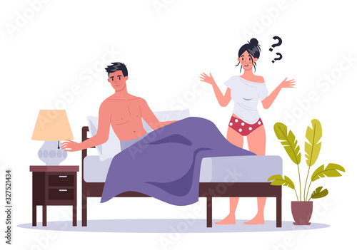 Pair of man and woman lying turned away in bed. Concept of sexual