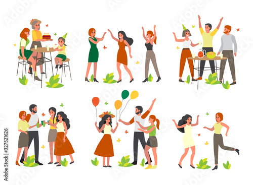 Happy people have a big party with balloons outside set.