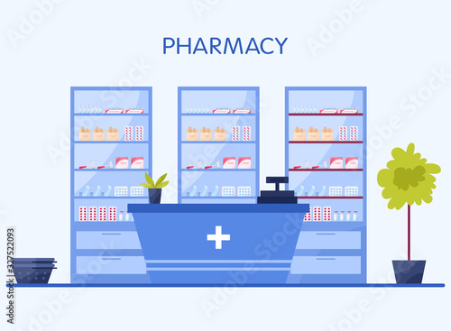 Modern pharmacy interior with shelves with medicaments and drugs.