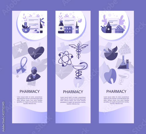 Online pharmacy web header set. Medicine pill for disease treatment