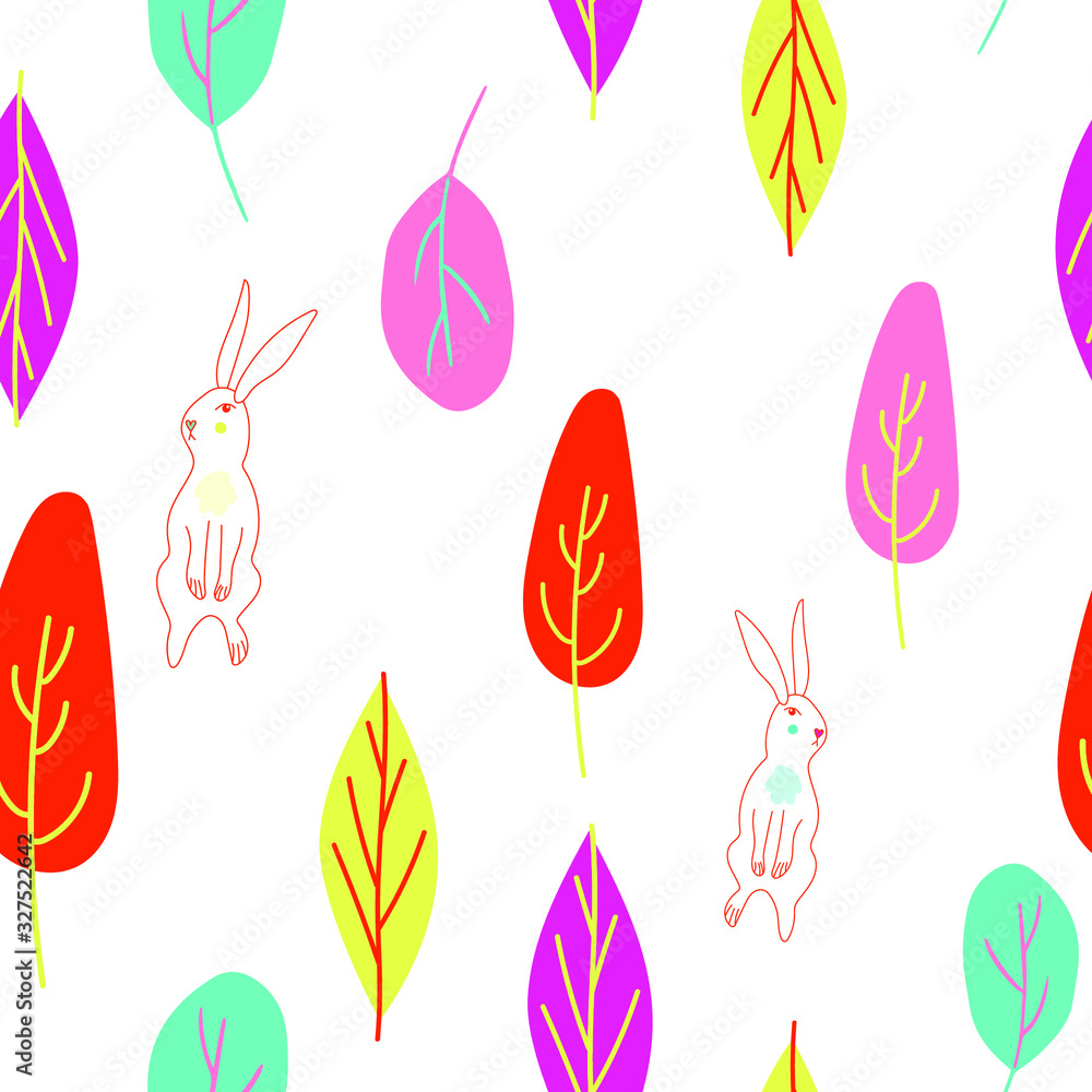 Seamless easter spring bunny colorful leaves hand drawn pattern stock vector illustration white background.Trendy fabric design textile wallpaper wrapping paper or advertising or stationary design Seamless easter spring bunny colorful leaves hand drawn pattern stock vector illustration white background.Trendy fabric design textile wallpaper wrapping paper or advertising or stationary design