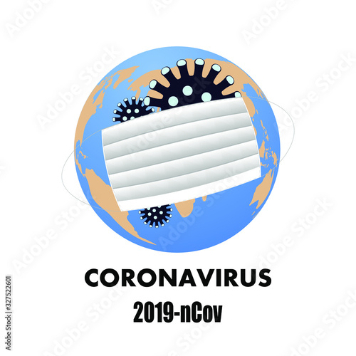 Vector illustration of a crown virus and mask on a white background globe background. Outbreaks of the pandemic and coronirus virus. mask for fighting the corona virus. 