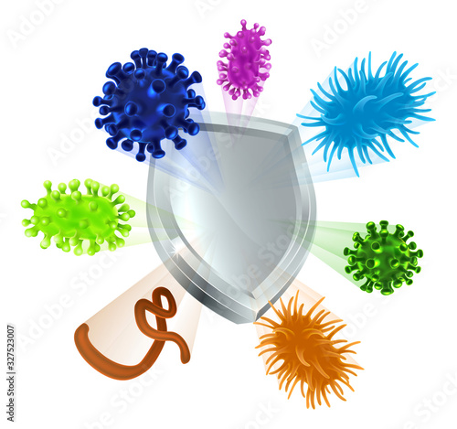 A shield deflecting virus or bacteria cells medical health concept, possibly for immunisation or vaccination protection and herd immunity