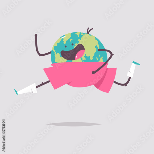 Funny earth running vector cartoon character isolated on a white background. Health day concept illustration.