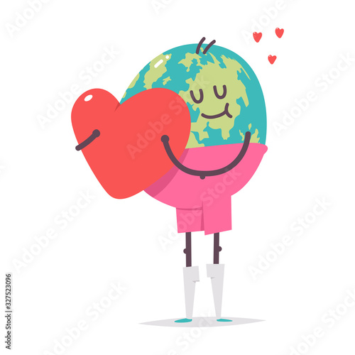 Cute earth character hugs the heart vector cartoon character isolated on a white background.