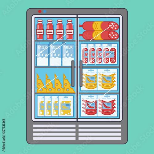 Supermarket refrigerator with variety of products: juice, milk, sausage, cheese. Vector illustration in cartoon style
