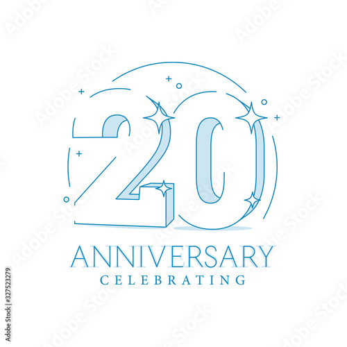 Anniversary 20. 3d number twenty with sparkles. In line art style. 20th anniversary poster template. Solemn figure for presentation. Vector illustration