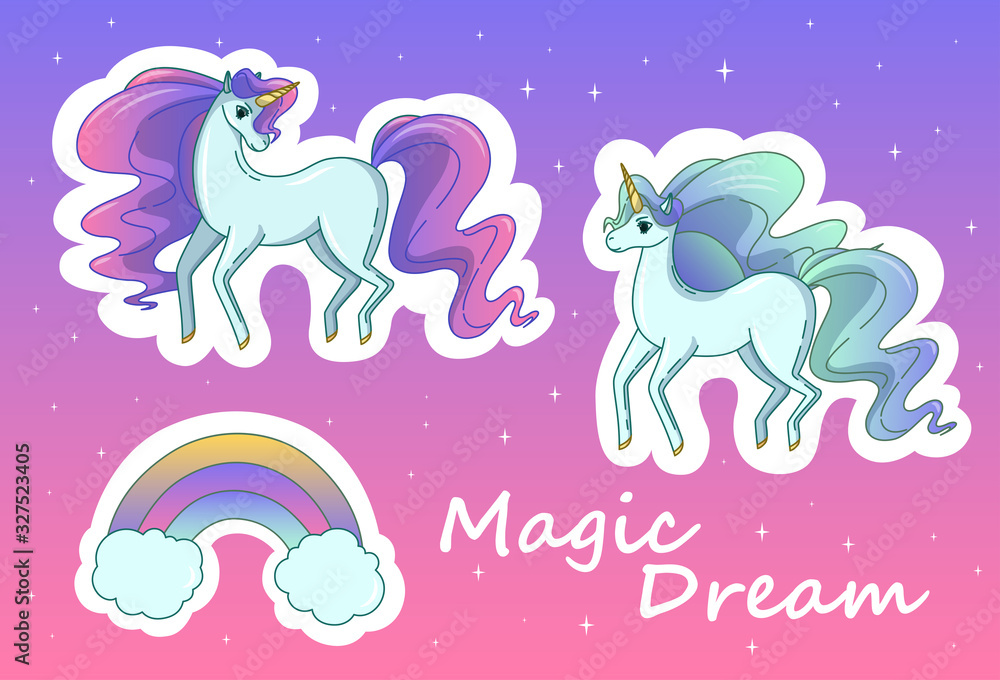 Set of stickers with unicorns and rainbow. Vector illustration Set of stickers with unicorns and rainbow. Vector illustration