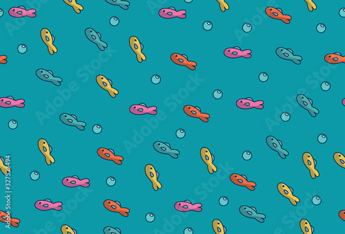 Seamless pattern  small fish and air bubbles. Vector illustration