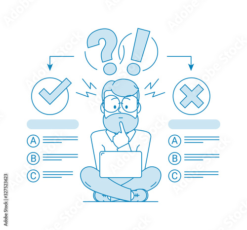 The concept of choosing the right answer. Character - a man with a beard and glasses using a computer passes the test. Exam. Evaluation Testing. Illustration in line art style. Vector