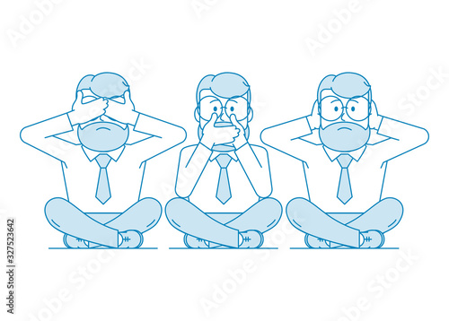 Three wise monkeys. One man covers his mouth with his hands, the other covers his ears, the third eyes. Character - a man with a beard and glasses. Illustration in line art style. Vector
