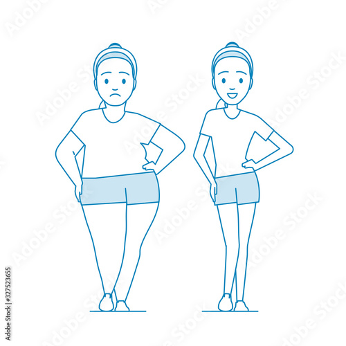 Stages weight loss before and after. Girl in sportswear. Illustration Obesity process. Weight loss through diet or exercise. Overweight Problems fat people. Illustration in line art style. Vector