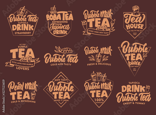 Set of vintage Bubble tea emblems and stamps. Badges, stickers on white background isolated.