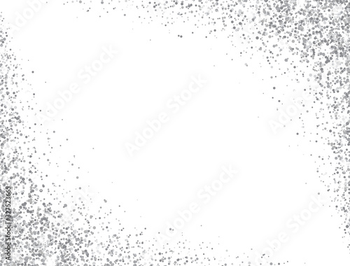 Glitter silver frame with space for text. Luxury glitter decoration border. Silver sparkles and dust on white background. Bright design for Christmas, Birthday, Wedding. Vector illustration