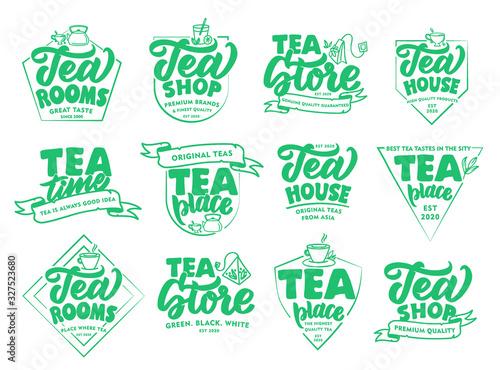 Set of vintage Tea drink emblems and stamps. Green badges, stickers on white background isolated.