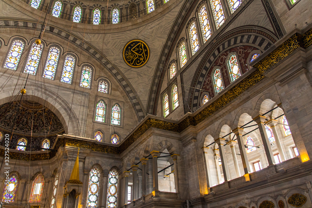 The interior of the historic Nuruosmaniye Mosque in Istanbul. Turkey