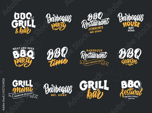 Set of vintage BBQ time phrases. Food emblems, badges, templates, stickers on dark background.