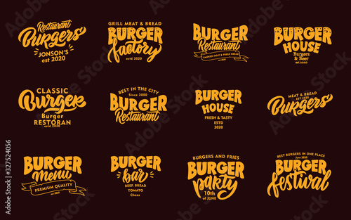 Set of vintage Burger, fast food phrases. Emblems, badges, templates, stickers on dark background.
