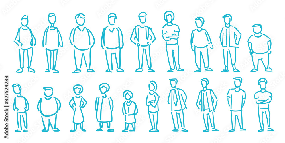 People set. Hand drawn sketch. Ordinary people. Contour blue line vector. People set. Hand drawn sketch. Ordinary people. Contour blue line vector.