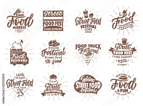 Set of vintage Street food emblems and stamps. Food fest badges, stickers on white background.