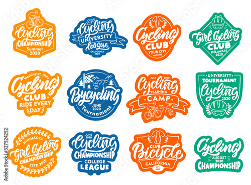 Set of Cycling, Bicycle stickers, patches. Colorful badges, emblems, stamps for club on white background.