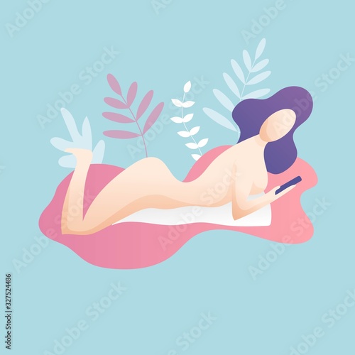 soft and beautiful illustration of masturbating woman riding on a pillow and cell phone with flora decoration in the light blue background.