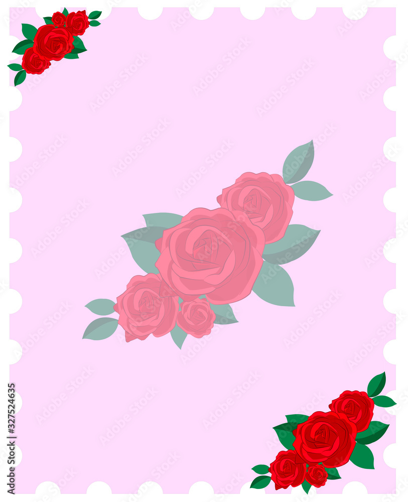 design  frame of bouquet of roses and leaves for card, Floral arrangement for greeting card.