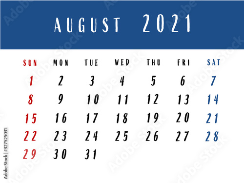 Calendar for August 2021.  Illustration.