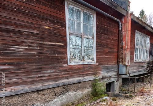 Detail view of dilapidated old wooden buildings in Sweden