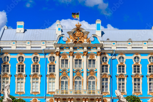 Catherine Palace is a Rococo palace located in the town of Tsarskoye Selo (Pushkin), 30 km south of Saint Petersburg, Russia. It was the summer residence of the Russian tsars
