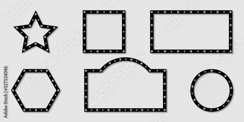Shining frames billboard collection. White light on frames billboard different shapes with shadow. Retro light signs. Shining banners black color. Vector illustration