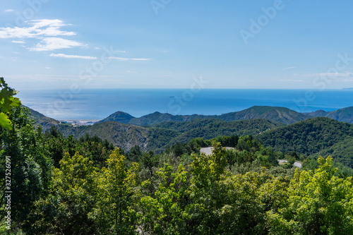 Panorama of the Polcevera valley below, part of the city of Genoa, and the Ligurian Riviera from the Shrine of Our Lady of the Watch (N.S. della Guardia), Genoa, Italy