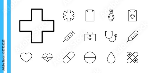 Set of Medicine vector line icons. It contains the first aid kit, nurse, syringe, thermometer, plastic, pills, heart, drop of blood, palpitation and much more. Editable Stroke. 32x32 pixels.