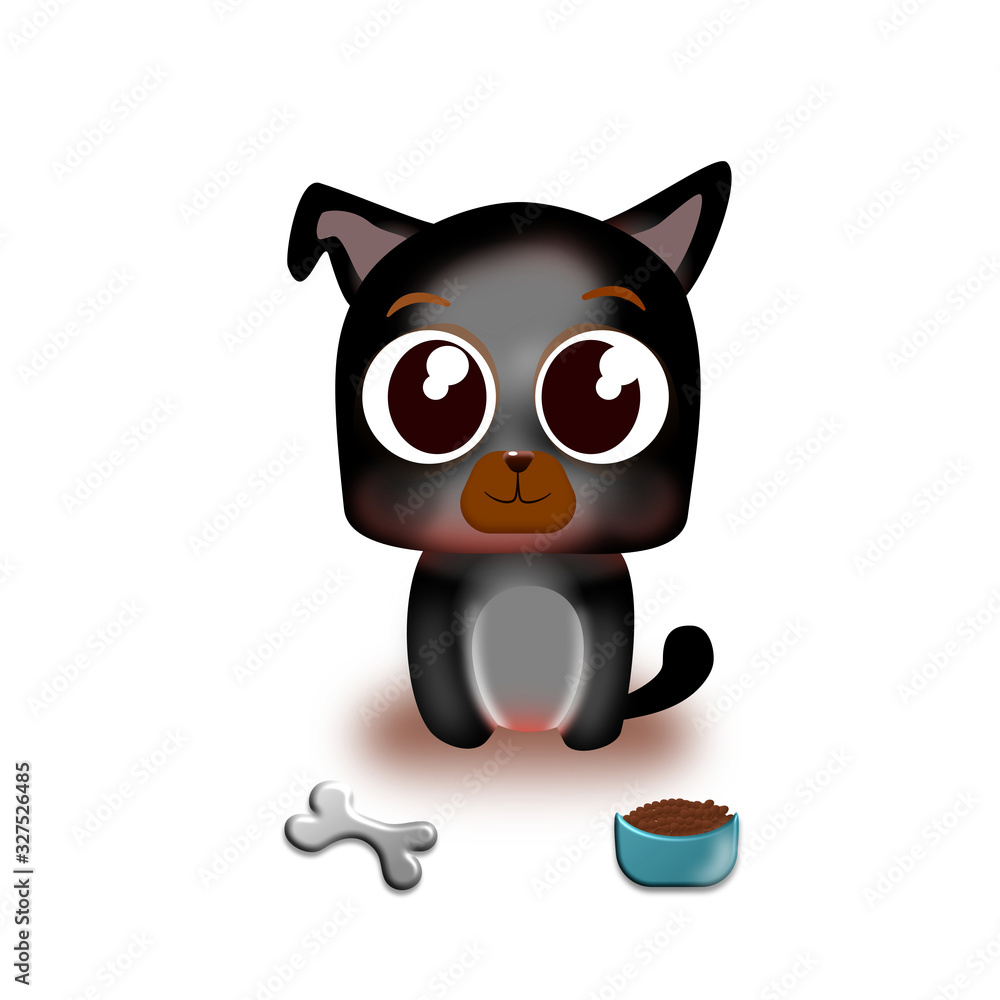 Happy cartoon puppy sitting, Dog food bowl, bone puppy toy. illustration. Isolated on white background. Happy cartoon puppy sitting, Dog food bowl, bone puppy toy. illustration. Isolated on white background.