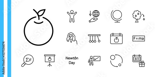 Newton's Day Set Line Vector Icon. Contains such Icons as Newton, Laws of physics and gravity, Flying Apple, Calendar, Teacher, blackboard and projector Editable Stroke. 32x32 Pixels