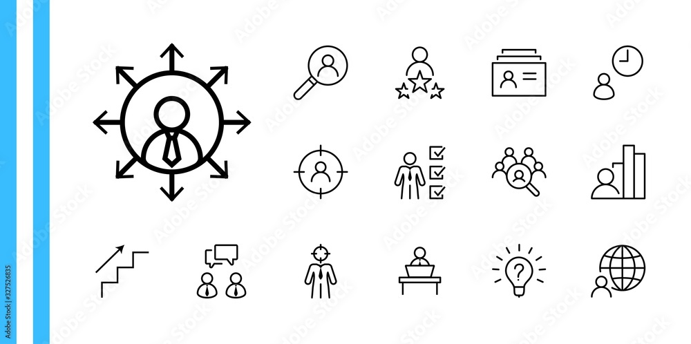 Fototapeta premium Set of Head Hunting Related Vector Line Icons. Contains such Icons as Career growth, Bulb, Candidate, Search, CV, Card Index, Outsource and more. Editable Stroke. 32x32 Pixels