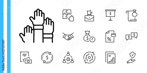 Set of Business Cooperation Vector Line Icons. Contains such Icons as Puzzle, Partnership, Money, Handshake, Dollars, Team, Synergy, Work, Interaction and more. Editable Stroke. 32x32 Pixels