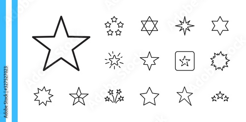 Set of Stars Vector Line Icons. Contains such Icons as Starry night, falling star, firework, twinkle, glow, glitter burst and more. Outline signs for glossy material. Editable Stroke. 32x32 Pixels.