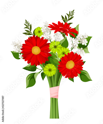Vector bouquet of red, green and white flowers isolated on a white background.