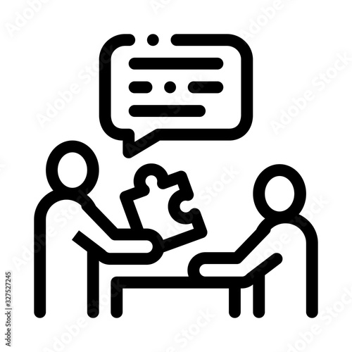 Human Giving Puzzle Piece Icon Thin Line Vector. Businessman Explains What Lacking In Work Of Employee Concept Linear Pictogram. Monochrome Outline Sign Isolated Contour Symbol Illustration