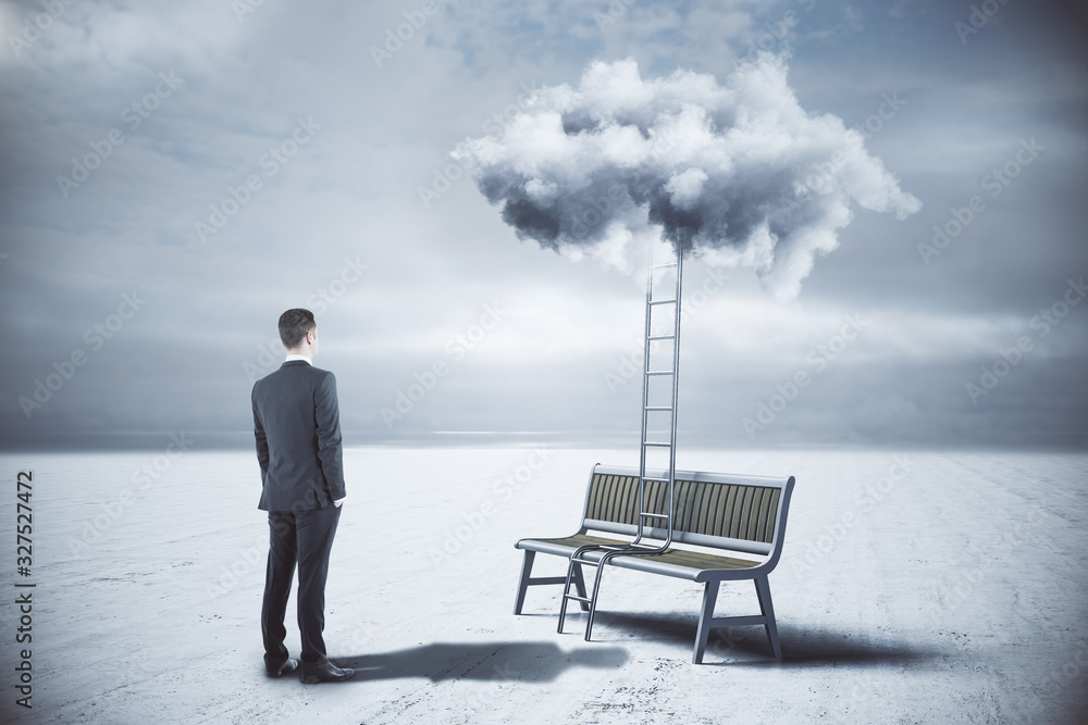 Businessman looking on ladder on chair in desert going high in sky. Businessman looking on ladder on chair in desert going high in sky.