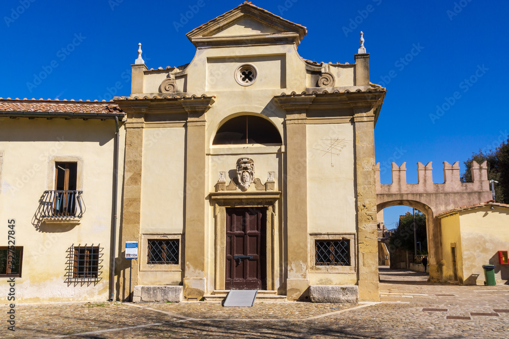 Facade of catholic church of Saint Maria Assunta in the medieval village of Santa Severa (municipality of Santa Marinella) 50 km (31 mi) north of Rome.
