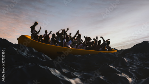 Valokuva Boat with refugees floating in the sea