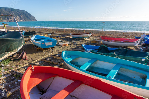 view of the beach with boats, Riva Trigoso, Sestri Levante, Genoa, Italy