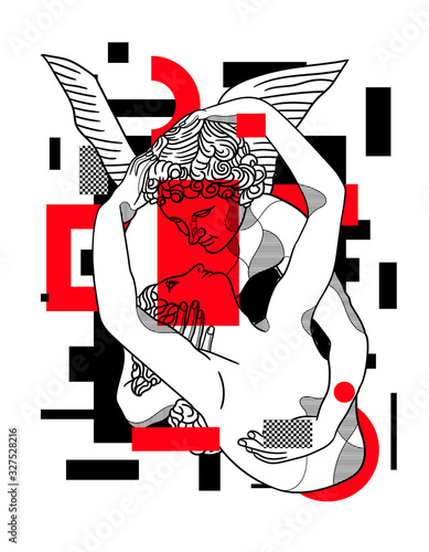 Cupids kiss sculpture. Glitch red modern style.