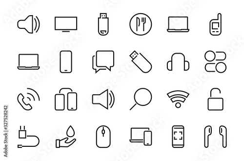 A set of smart devices and gadgets, computer hardware and electronics. Electronic devices icons for web and mobile vector lines. computer, telephone. Editable stroke. 48x48 pixels