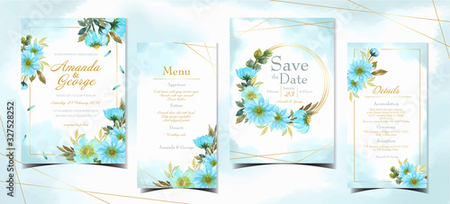 set of blue floral wedding invitation collection with abstract watercolor background