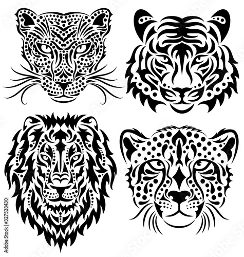 Set of wild big cats isolated on white. Pattern of a lion, a tiger, a leopard and a cheetah. 