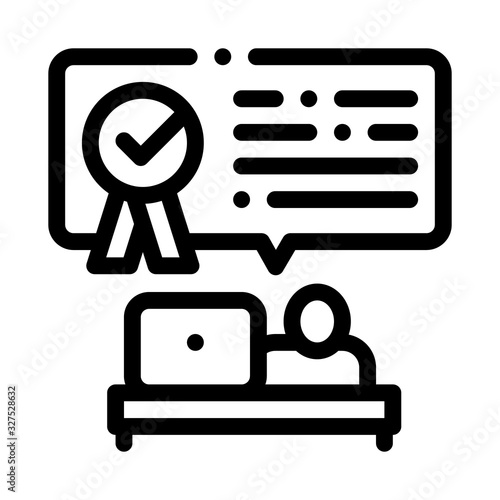 Employee Strives For Victory Icon Thin Line Vector. Employee Workplace With Laptop, Quote Frame Medal And Text Concept Linear Pictogram. Monochrome Outline Sign Isolated Contour Symbol Illustration