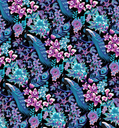 Summer tropical background frame banner with peacock, palm leaves and hibiscus flowers. Vector floral background.